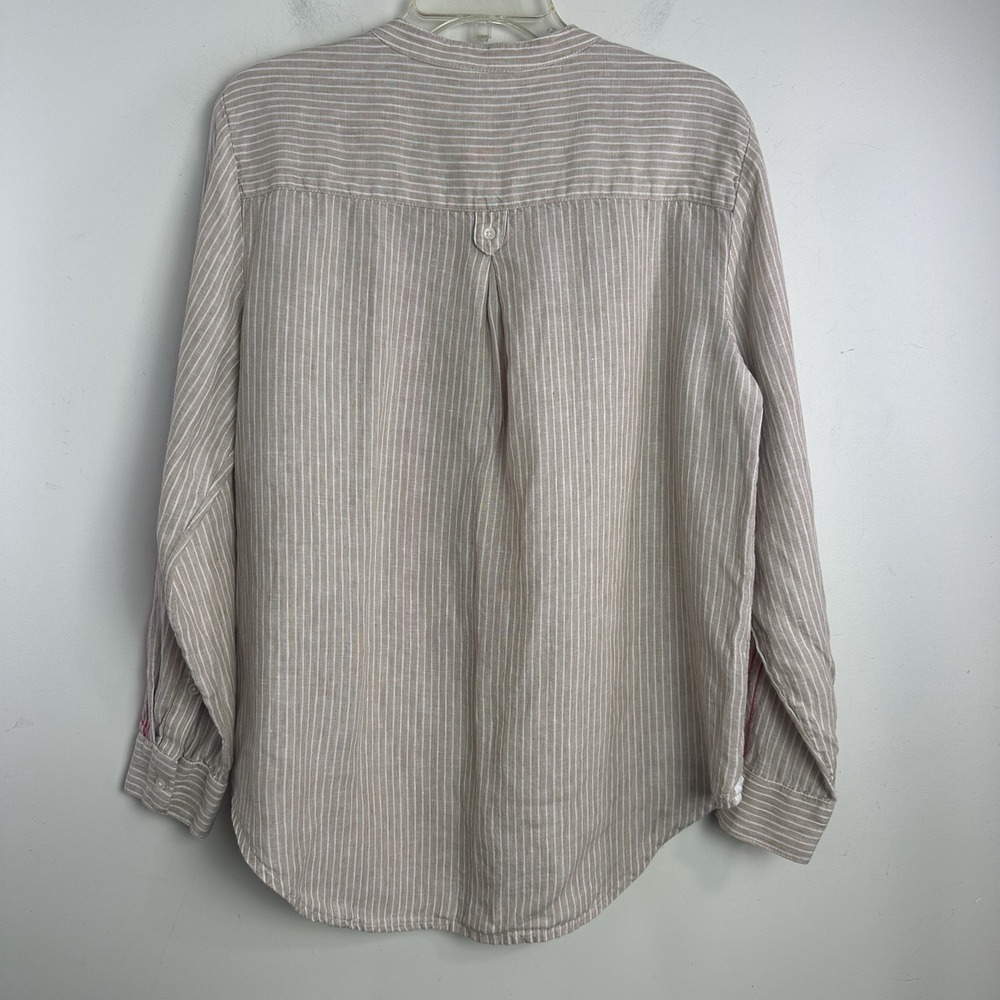 J Crew Linen Embroidered Khaki white Tunic top size Large Popover V Neck Preppy - Picture 6 of 9
